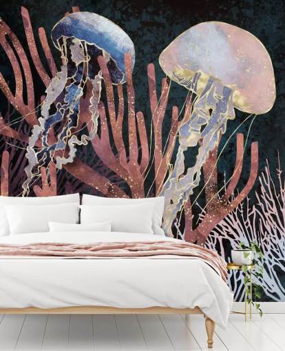 papel pintado de medusas rosadas, moradas y doradas