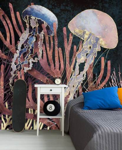 carta da parati meduse rosa, viola, oro