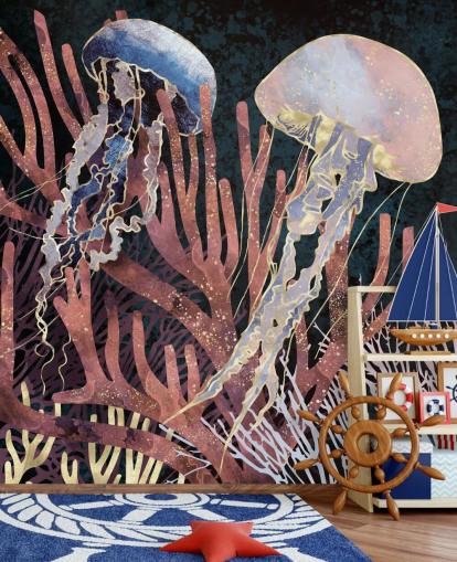 pink, purple, gold jellyfish wallpaper