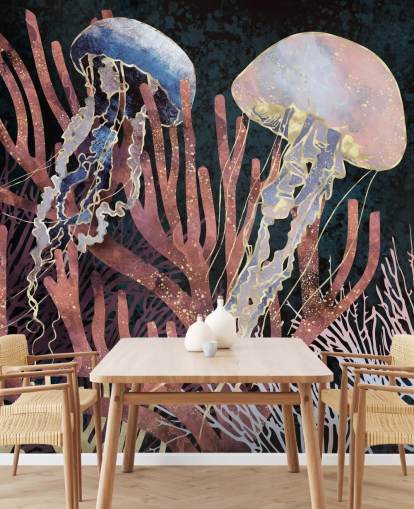 papel pintado de medusas rosadas, moradas y doradas