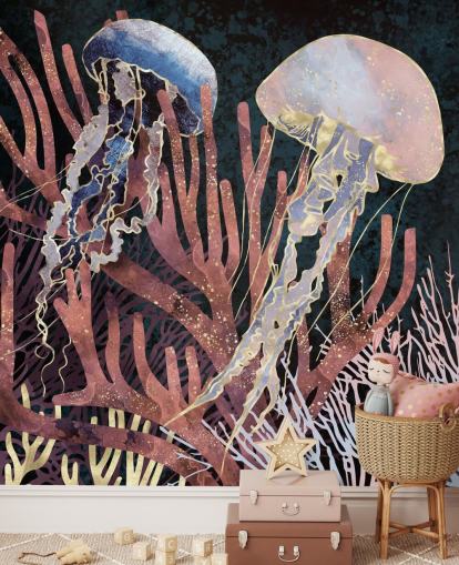 papel pintado de medusas rosadas, moradas y doradas