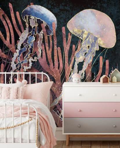 pink, purple, gold jellyfish wallpaper