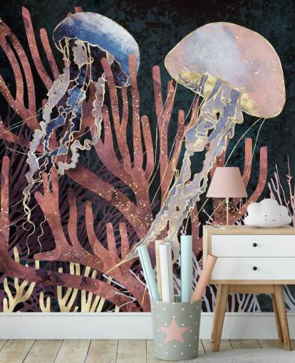 pink, purple, gold jellyfish wallpaper