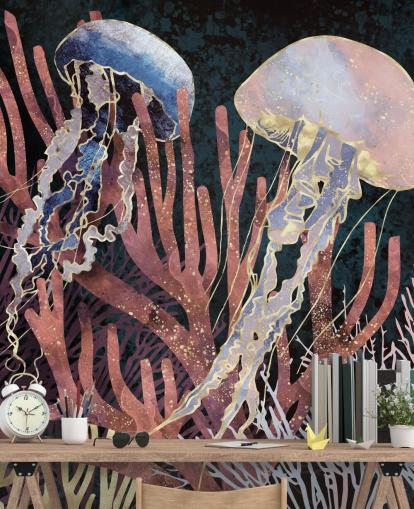 carta da parati meduse rosa, viola, oro