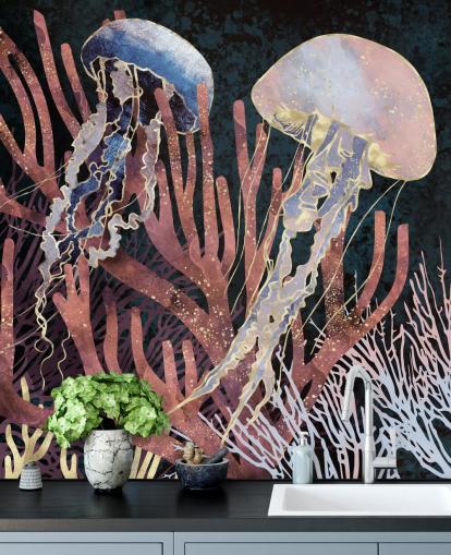 papel pintado de medusas rosadas, moradas y doradas