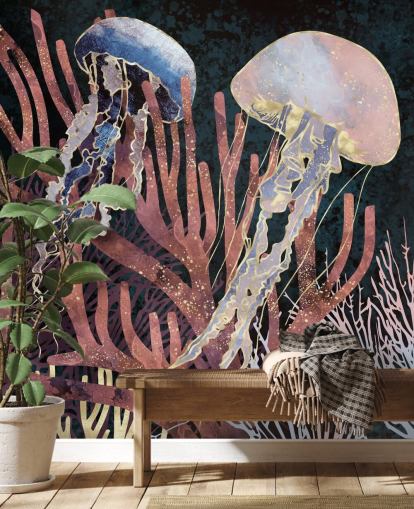 roze, paars, gouden kwallen behang