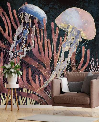 papel pintado de medusas rosadas, moradas y doradas