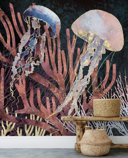 carta da parati meduse rosa, viola, oro
