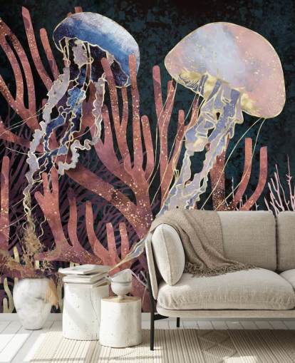 papel pintado de medusas rosadas, moradas y doradas