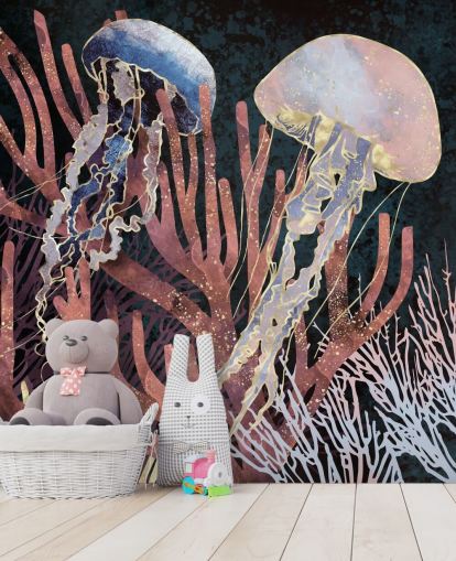 pink, purple, gold jellyfish wallpaper