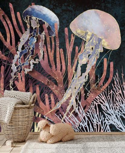 roze, paars, gouden kwallen behang