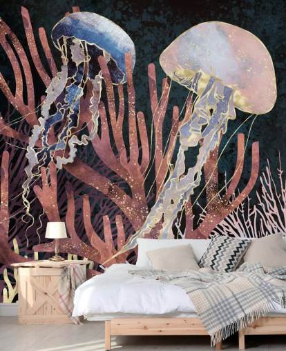 pink, purple, gold jellyfish wallpaper