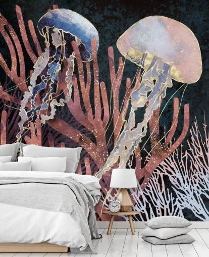 roze, paars, gouden kwallen behang