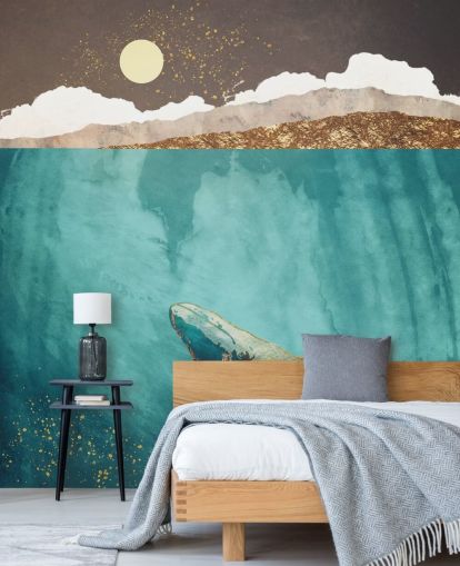 papier peint baleine sous les eaux avec aquarelle vert, bleu et or papier peint baleine sous les eaux avec aquarelle vert, bleu et or