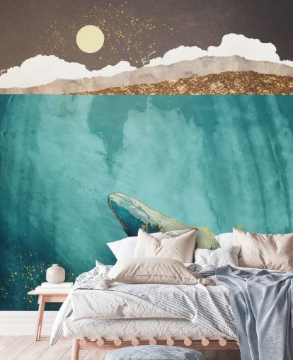 ballena bajo las aguas con papel pintado acuarela verde, azul y dorado ballena bajo las aguas con papel pintado acuarela verde, azul y dorado