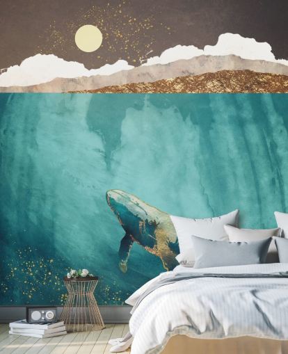 papier peint baleine sous les eaux avec aquarelle vert, bleu et or