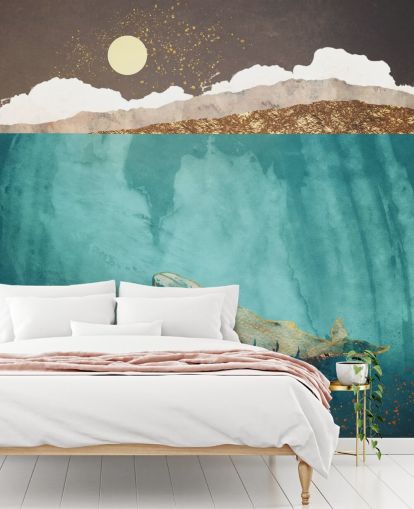 walvis onder water met groen, blauw en goud aquarelbehang