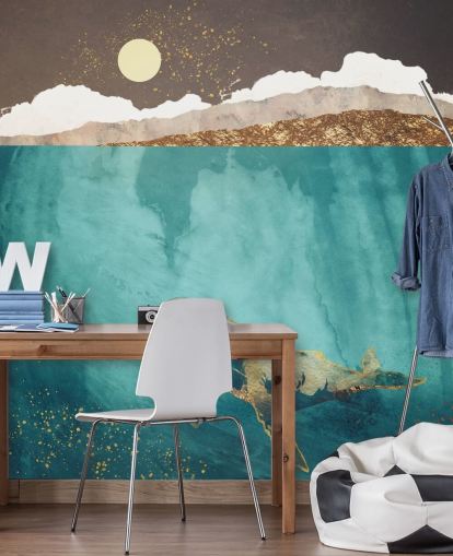 walvis onder water met groen, blauw en goud aquarelbehang