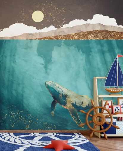 walvis onder water met groen, blauw en goud aquarelbehang