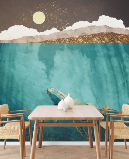 whale under the waters with green, blue and gold watercolour wallpaper