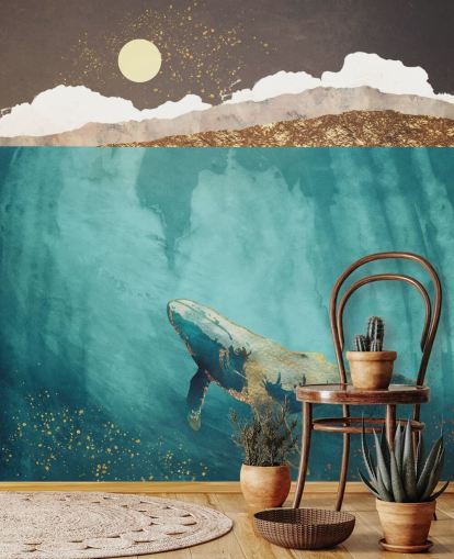 whale under the waters with green, blue and gold watercolour wallpaper