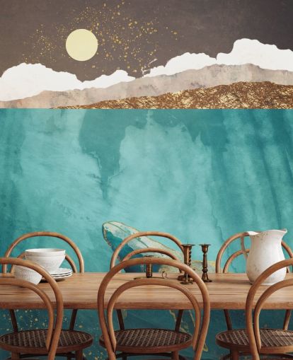 walvis onder water met groen, blauw en goud aquarelbehang