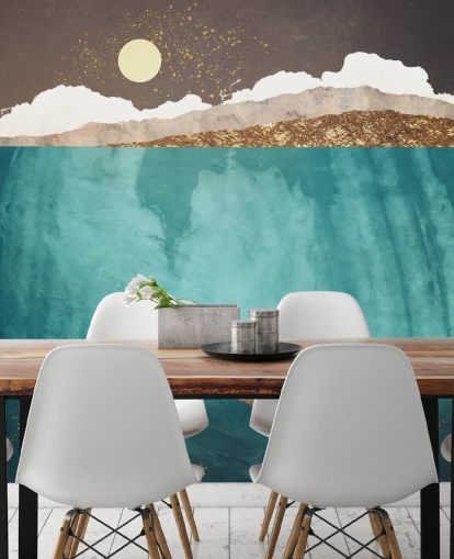 whale under the waters with green, blue and gold watercolour wallpaper