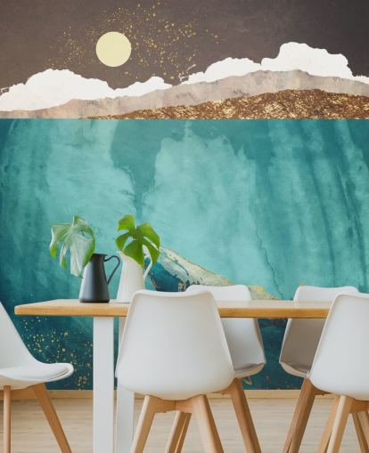 papier peint baleine sous les eaux avec aquarelle vert, bleu et or