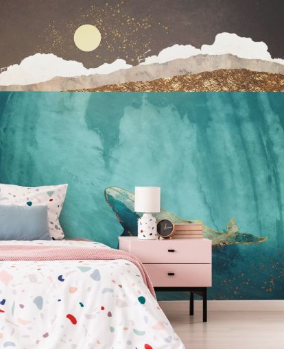 whale under the waters with green, blue and gold watercolour wallpaper whale under the waters with green, blue and gold watercolour wallpaper