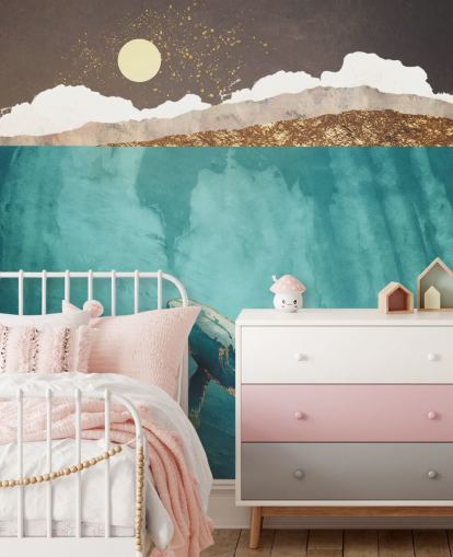 whale under the waters with green, blue and gold watercolour wallpaper