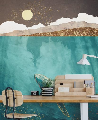 ballena bajo las aguas con papel pintado acuarela verde, azul y dorado