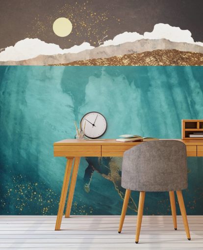 whale under the waters with green, blue and gold watercolour wallpaper