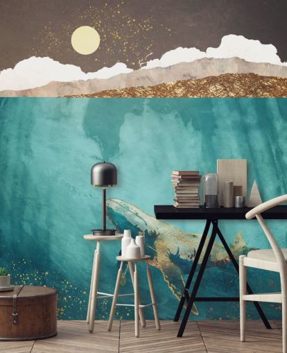 walvis onder water met groen, blauw en goud aquarelbehang