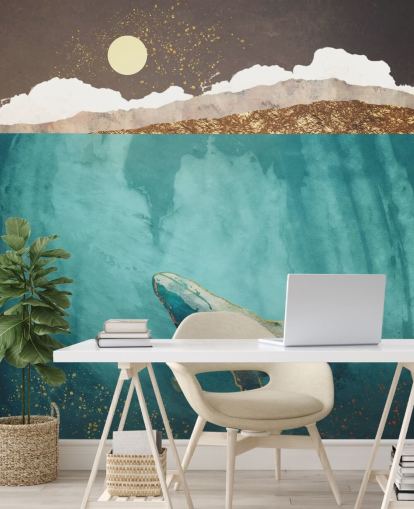 papier peint baleine sous les eaux avec aquarelle vert, bleu et or papier peint baleine sous les eaux avec aquarelle vert, bleu et or
