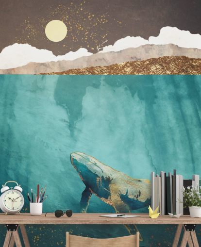 walvis onder water met groen, blauw en goud aquarelbehang