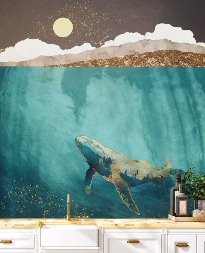 Wal unter Wasser mit grüner, blauer und goldener Aquarelltapete