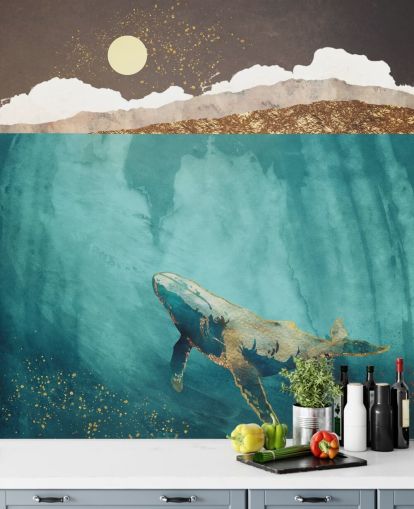 whale under the waters with green, blue and gold watercolour wallpaper