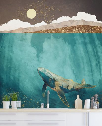 whale under the waters with green, blue and gold watercolour wallpaper