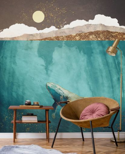 valas vesien alla vihreällä, sinisellä ja kullalla akvarellitapetilla