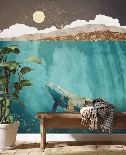 whale under the waters with green, blue and gold watercolour wallpaper whale under the waters with green, blue and gold watercolour wallpaper