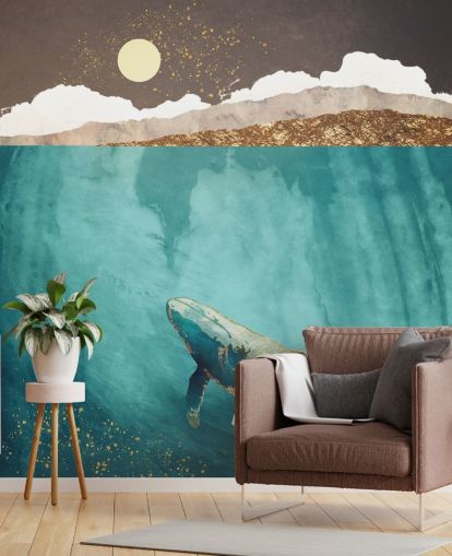 Wal unter Wasser mit grüner, blauer und goldener Aquarelltapete
