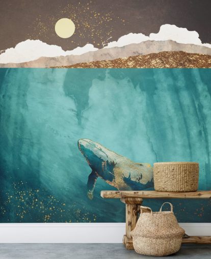 ballena bajo las aguas con papel pintado acuarela verde, azul y dorado