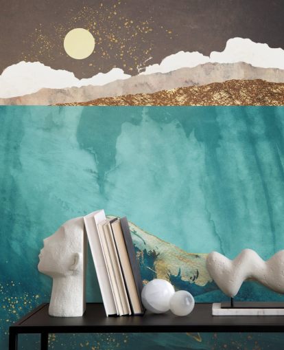 whale under the waters with green, blue and gold watercolour wallpaper