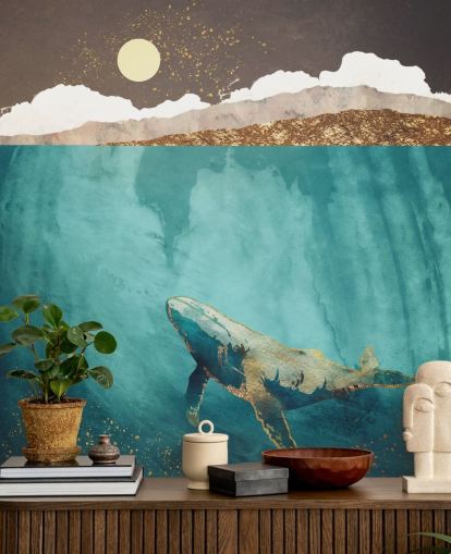whale under the waters with green, blue and gold watercolour wallpaper