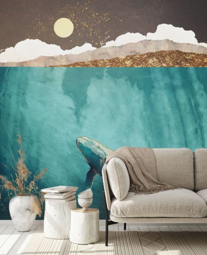 papier peint baleine sous les eaux avec aquarelle vert, bleu et or