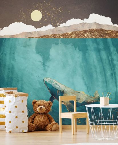 baleia sob as águas com papel de parede aquarela verde, azul e dourado baleia sob as águas com papel de parede aquarela verde, azul e dourado