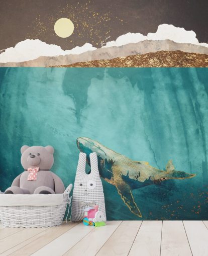 balena sotto le acque con carta da parati acquerello verde, blu e oro