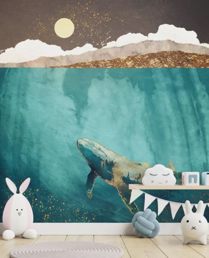 whale under the waters with green, blue and gold watercolour wallpaper