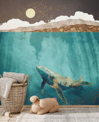 whale under the waters with green, blue and gold watercolour wallpaper