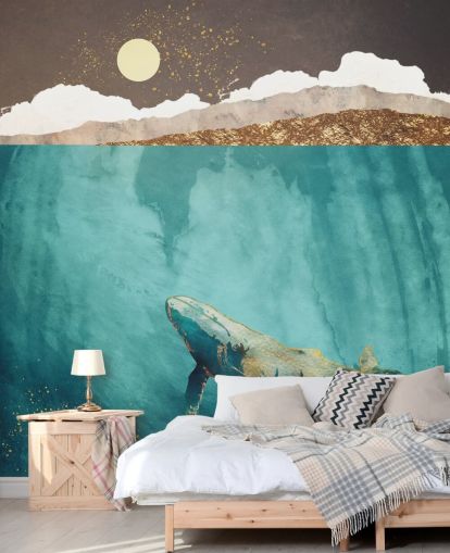 walvis onder water met groen, blauw en goud aquarelbehang